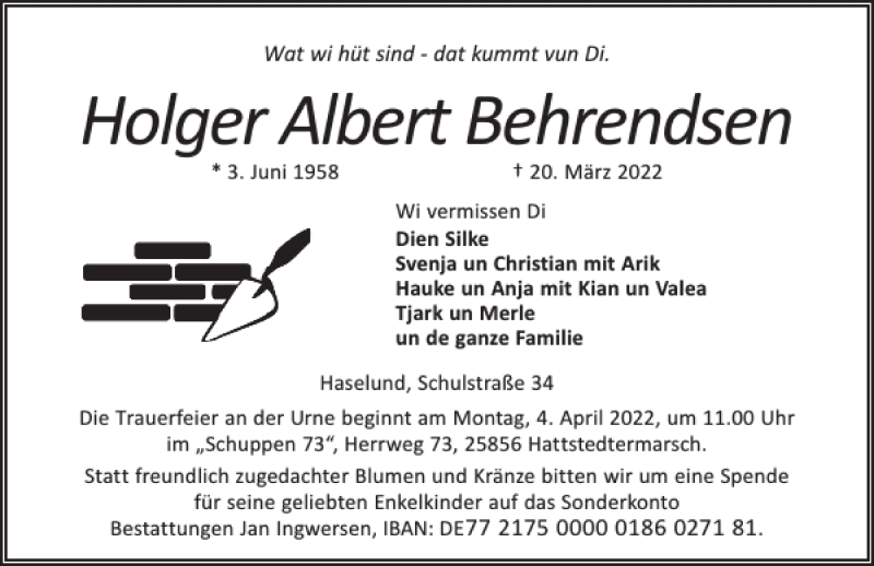  Traueranzeige für Holger Albert Behrendsen vom 26.03.2022 aus Flensburger Tageblatt