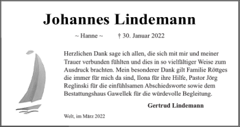Traueranzeige von Johannes Lindemann von Husumer Nachrichten