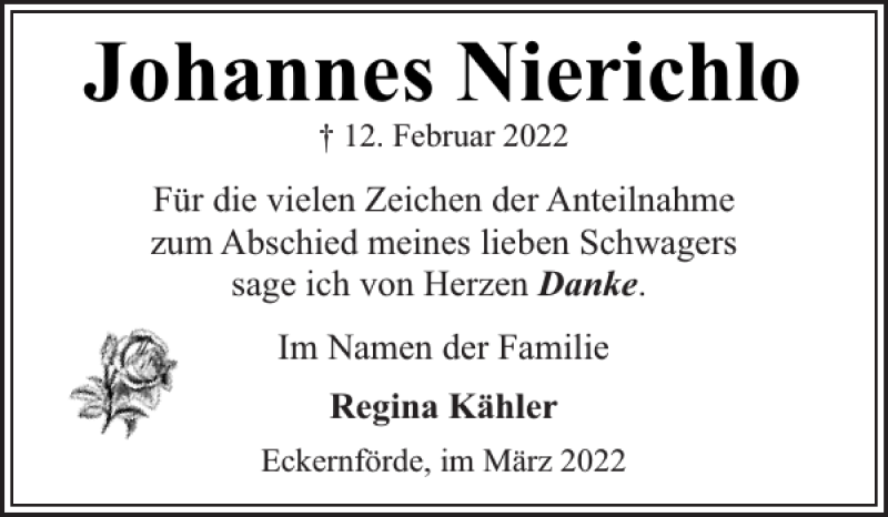  Traueranzeige für Johannes Nierichlo vom 12.03.2022 aus Eckernförder Zeitung