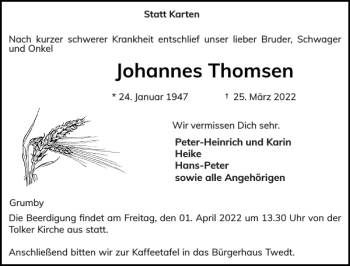 Traueranzeige von Johannes Thomsen von Schleswiger Nachrichten
