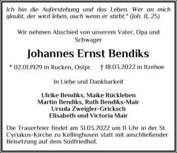 Traueranzeige von Johannes Ernst Bendiks von Norddeutsche Rundschau