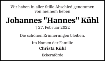 Traueranzeige von Johannes Hannes Kühl von Eckernförder Zeitung