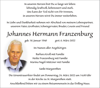 Traueranzeige von Johannes Hermann Franzenburg von Norddeutsche Rundschau