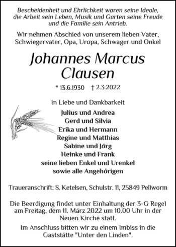 Traueranzeige von Johannes Marcus Clausen von Husumer Nachrichten