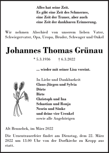 Traueranzeige von Johannes Thomas Grünau von Landeszeitung
