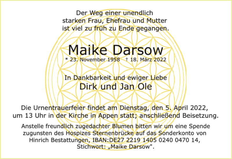  Traueranzeige für Maike Darsow vom 26.03.2022 aus Pinneberger Tageblatt