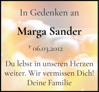 Traueranzeige von Marga Sander von Holsteinischer Courier