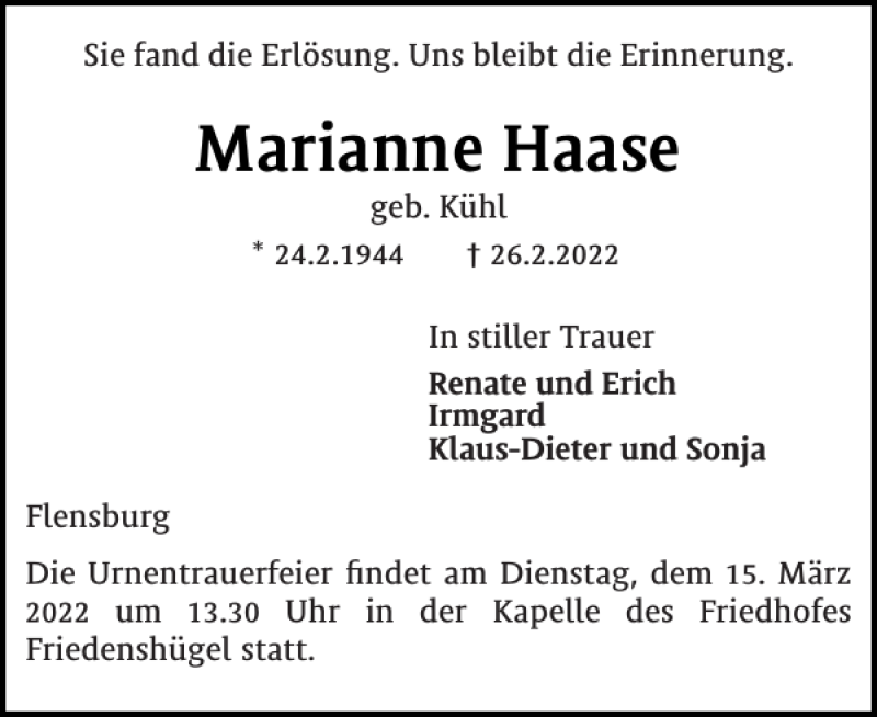  Traueranzeige für Marianne Haase vom 05.03.2022 aus Flensburger Tageblatt