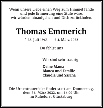 Traueranzeige von Thomas Emmerich von Flensburger Tageblatt