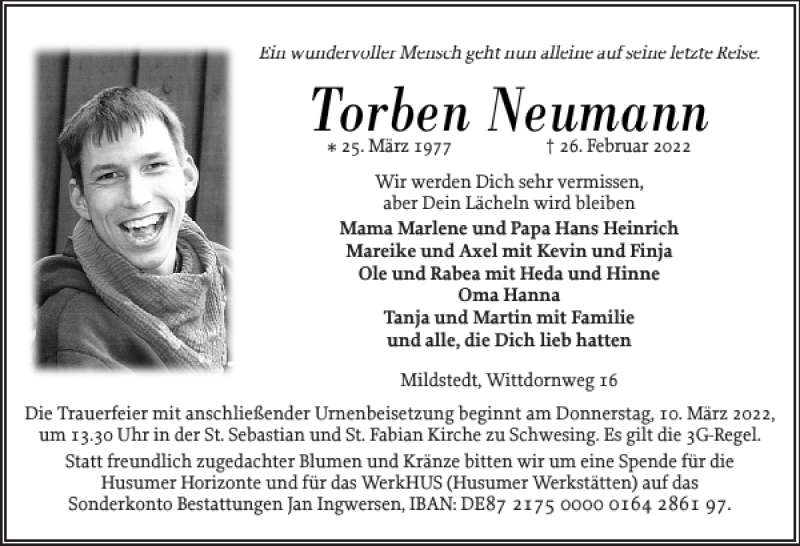  Traueranzeige für Torben Neumann vom 04.03.2022 aus Husumer Nachrichten