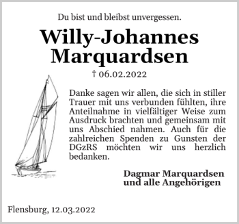 Traueranzeige von Willy-Johannes Marquardsen von Flensburger Tageblatt