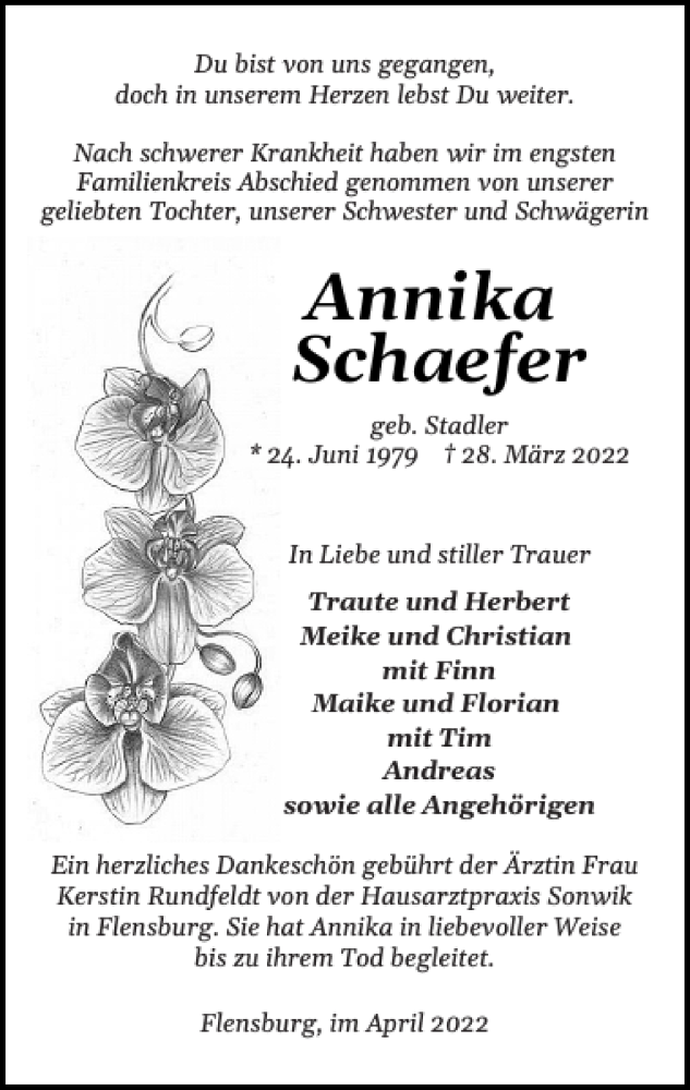  Traueranzeige für Annika Schaefer vom 16.04.2022 aus Flensburger Tageblatt