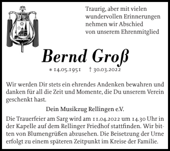 Traueranzeige von Bernd Groß von Pinneberger Tageblatt