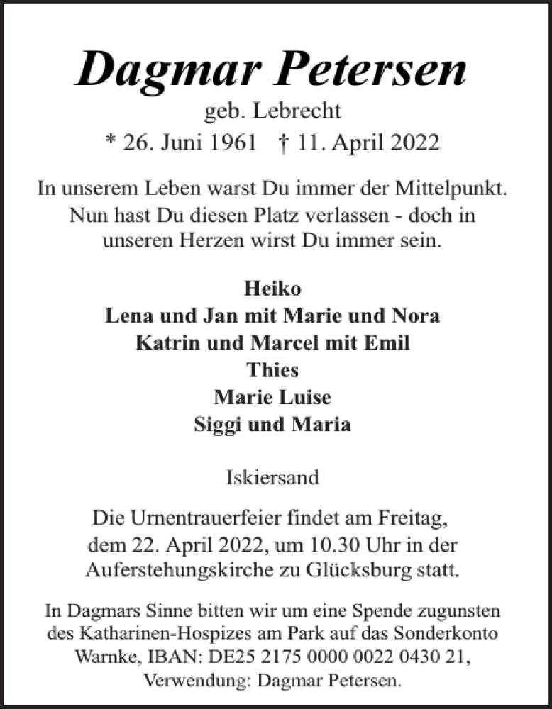  Traueranzeige für Dagmar Petersen vom 16.04.2022 aus Flensburger Tageblatt