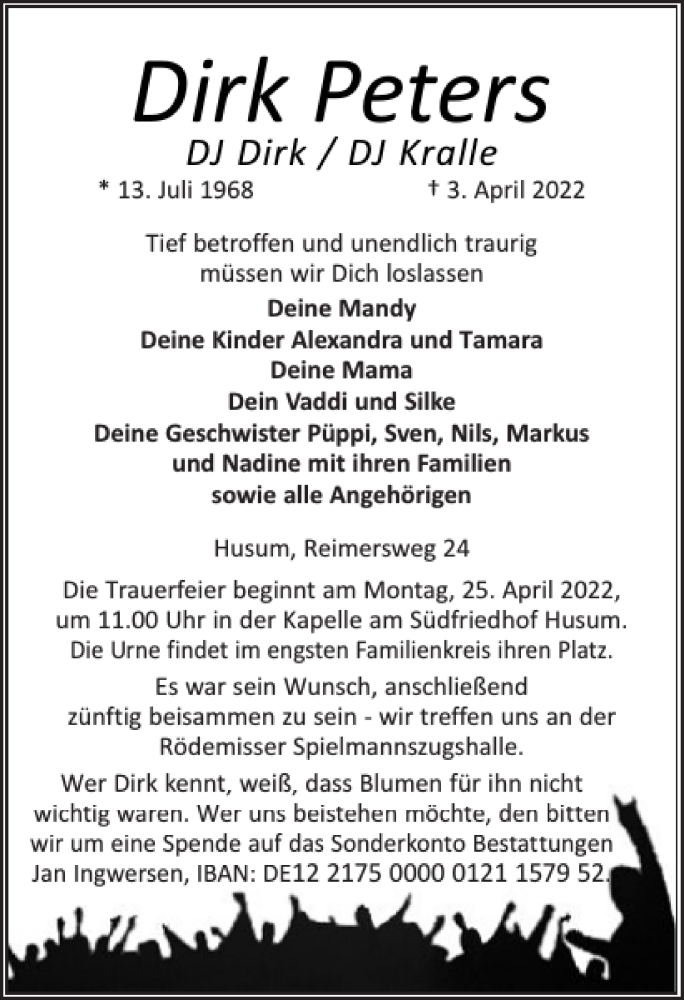  Traueranzeige für Dirk Peters vom 09.04.2022 aus Husumer Nachrichten