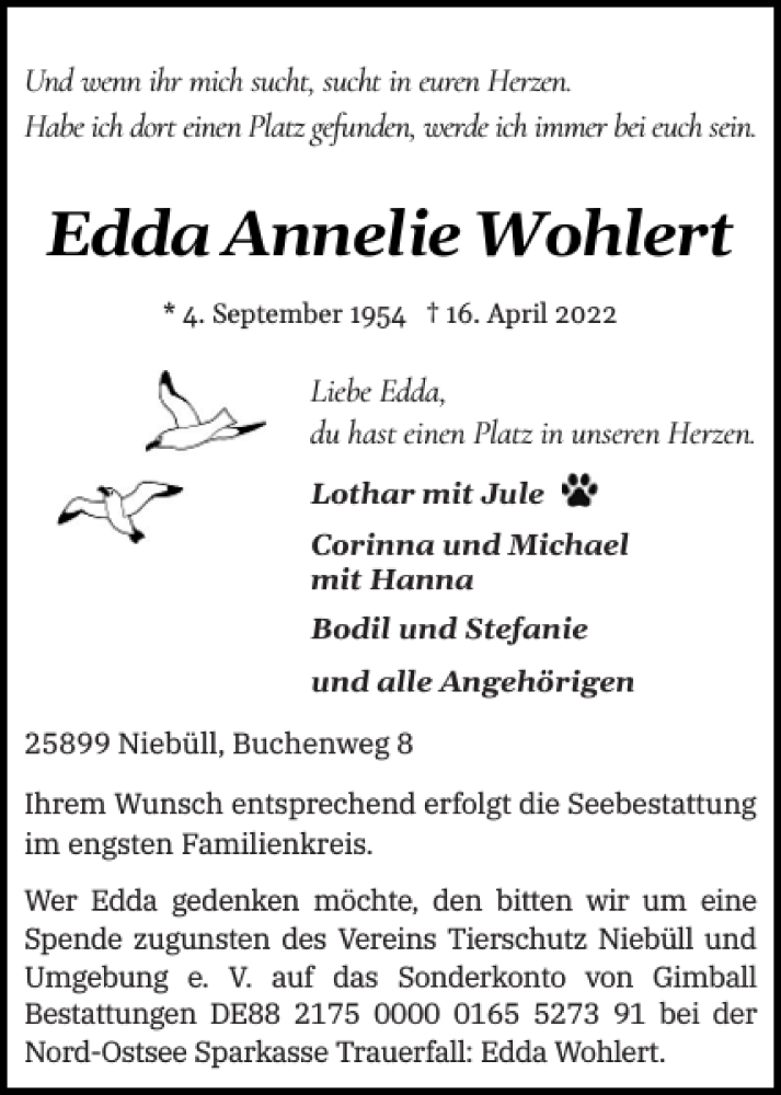  Traueranzeige für Edda Annelie Wohlert vom 25.04.2022 aus Nordfriesland Tageblatt