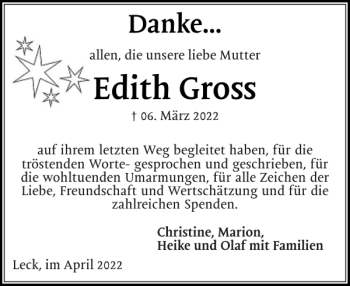 Traueranzeige von Edith Gross von Nordfriesland Tageblatt