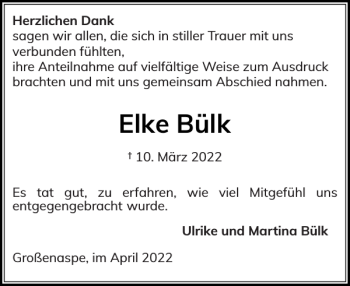 Traueranzeige von Elke Bülk von Holsteinischer Courier