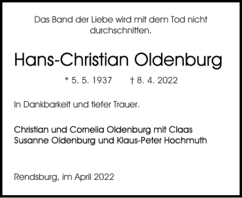 Traueranzeige von Hans-Christian Oldenburg von Husumer Nachrichten