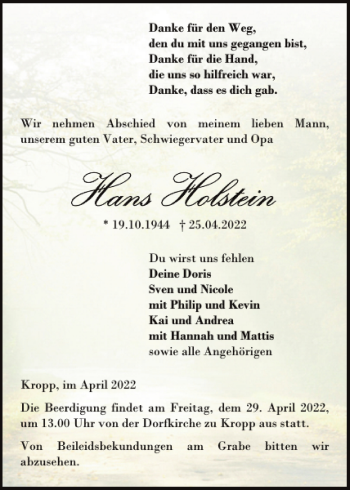 Traueranzeige von Hans Holstein von Landeszeitung
