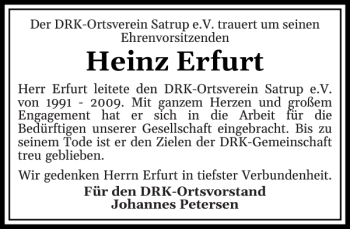 Traueranzeige von Heinz Erfurt von Flensburger Tageblatt