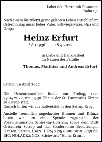 Traueranzeige von Heinz Erfurt von Flensburger Tageblatt
