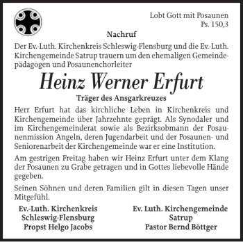 Traueranzeige von Heinz Werner Erfurt von Flensburger Tageblatt