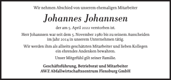 Traueranzeige von Johannes Johannsen von Flensburger Tageblatt