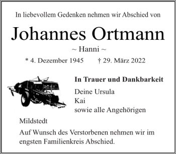Traueranzeige von Johannes Ortmann von Husumer Nachrichten