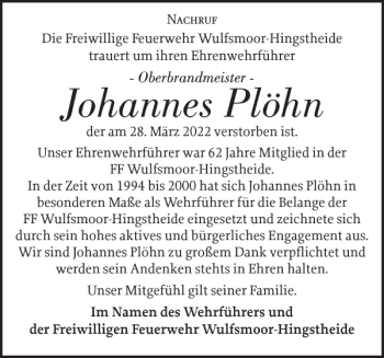 Traueranzeige von Johannes Plöhn von Norddeutsche Rundschau