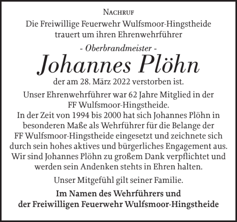  Traueranzeige für Johannes Plöhn vom 09.04.2022 aus Norddeutsche Rundschau
