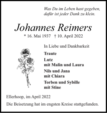 Traueranzeige von Johannes Reimers von Elmshorner Nachrichten