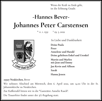 Traueranzeige von Johannes Peter Carstensen von Nordfriesland Tageblatt