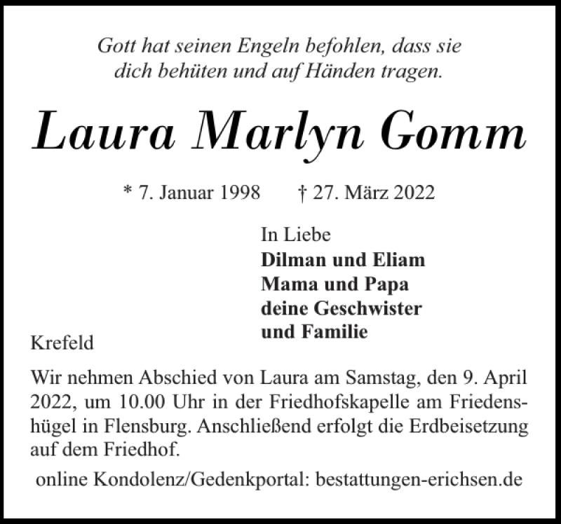  Traueranzeige für Laura Marlyn Gomm vom 06.04.2022 aus Flensburger Tageblatt