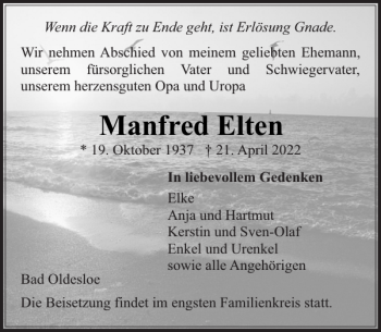 Traueranzeige von Manfred Elten von Stormarner Tageblatt