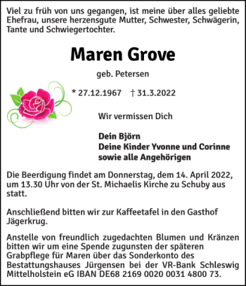 Traueranzeige von Maren Grove von Schleswiger Nachrichten