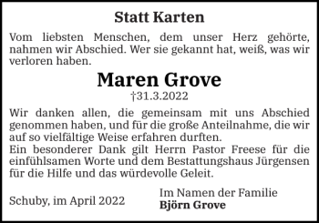 Traueranzeige von Maren Grove von Schleswiger Nachrichten
