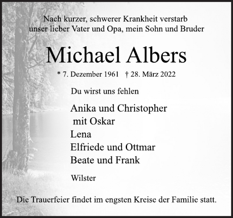  Traueranzeige für Michael Albers vom 02.04.2022 aus Norddeutsche Rundschau