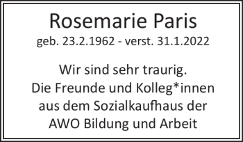 Traueranzeige von Rosemarie Paris von Wedel-Schulauer Tageblatt