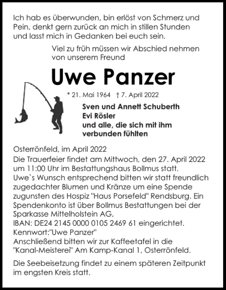  Traueranzeige für Uwe Panzer vom 23.04.2022 aus Landeszeitung