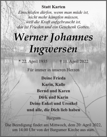 Traueranzeige von Werner Johannes Ingwersen von Husumer Nachrichten