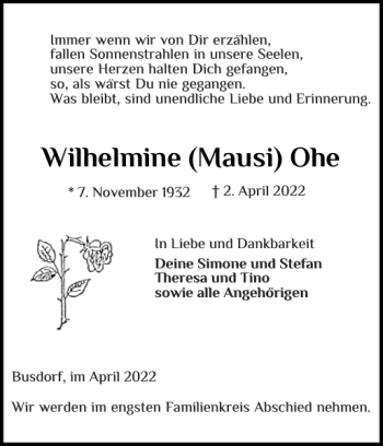 Traueranzeige von Wilhelmine Mausi Ohe von Holsteinischer Courier