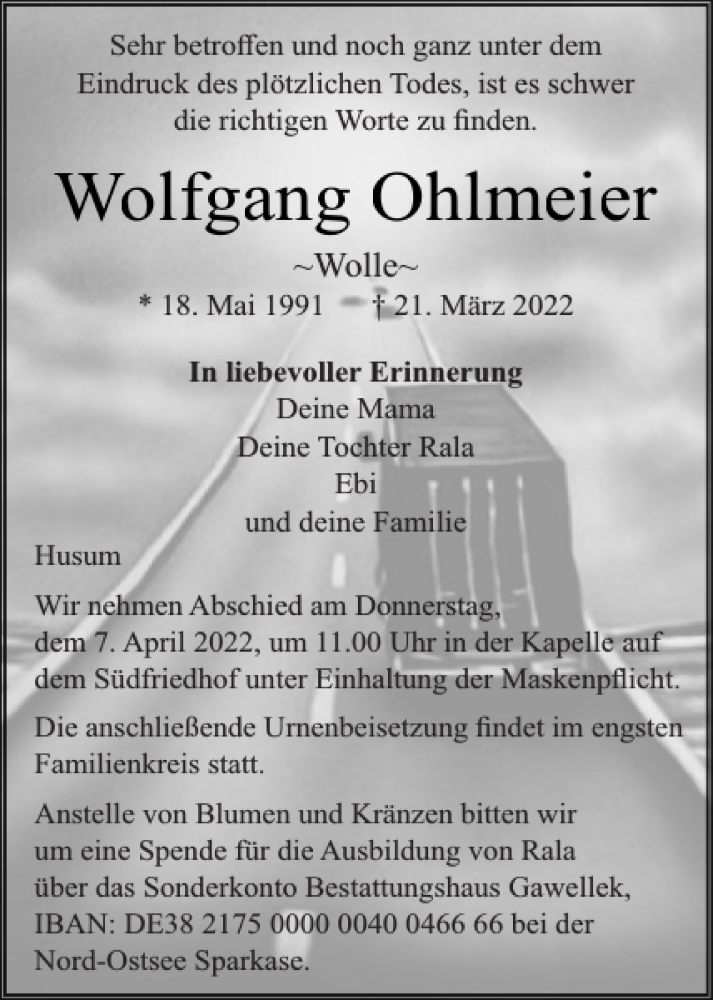 Traueranzeige für Wolfgang Ohlmeier vom 02.04.2022 aus Husumer Nachrichten