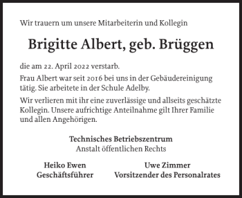 Traueranzeige von Brigitte Albert geb. Brüggen von Flensburger Tageblatt