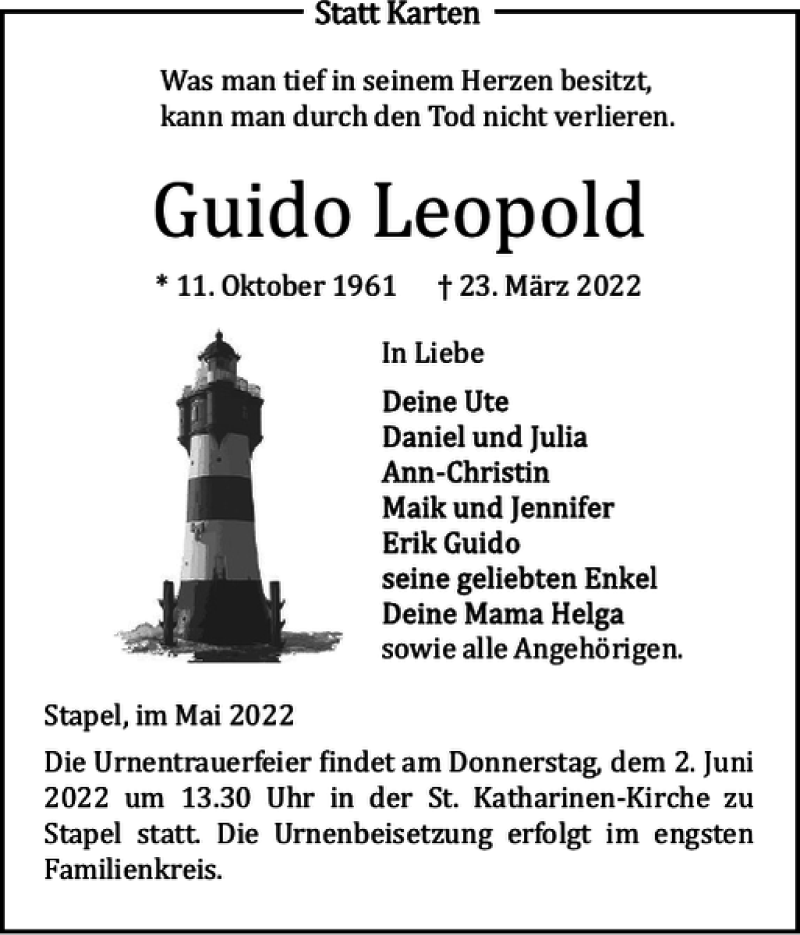  Traueranzeige für Guido Leopold vom 27.05.2022 aus Husumer Nachrichten