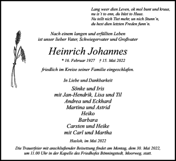 Traueranzeige von Heinrich Johannes von Pinneberger Tageblatt