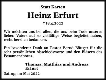 Traueranzeige von Heinz Erfurt von Flensburger Tageblatt