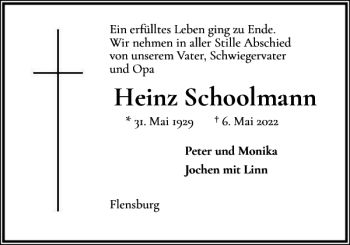 Traueranzeige von Heinz Schoolmann von Flensburger Tageblatt
