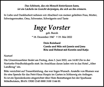 Traueranzeige von Inge Vorster von Landeszeitung