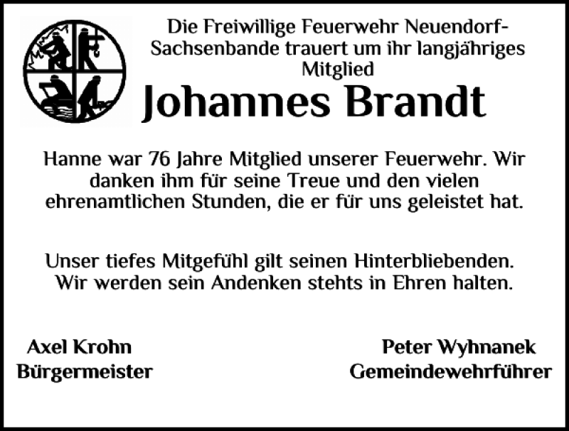  Traueranzeige für Johannes Brandt vom 13.05.2022 aus Norddeutsche Rundschau